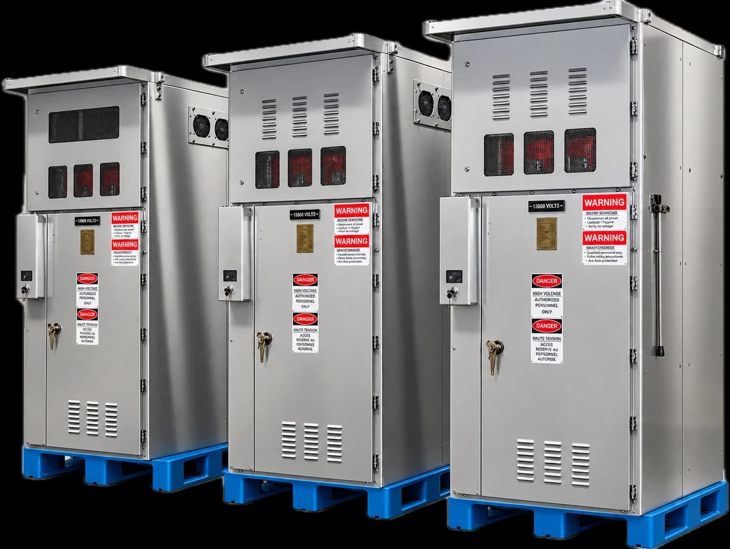 Three CANDRON 13.8 kV outdoor switchgear enclosures, manufactured in Canada